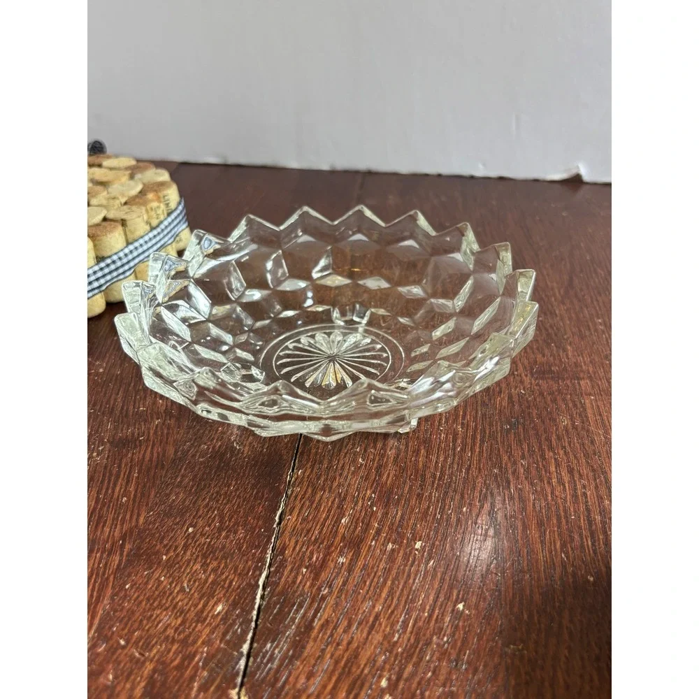 Vintage Clear Pressed Glass Footed Candy Dish Sawtooth Diamond Point Bowl 6 inch
